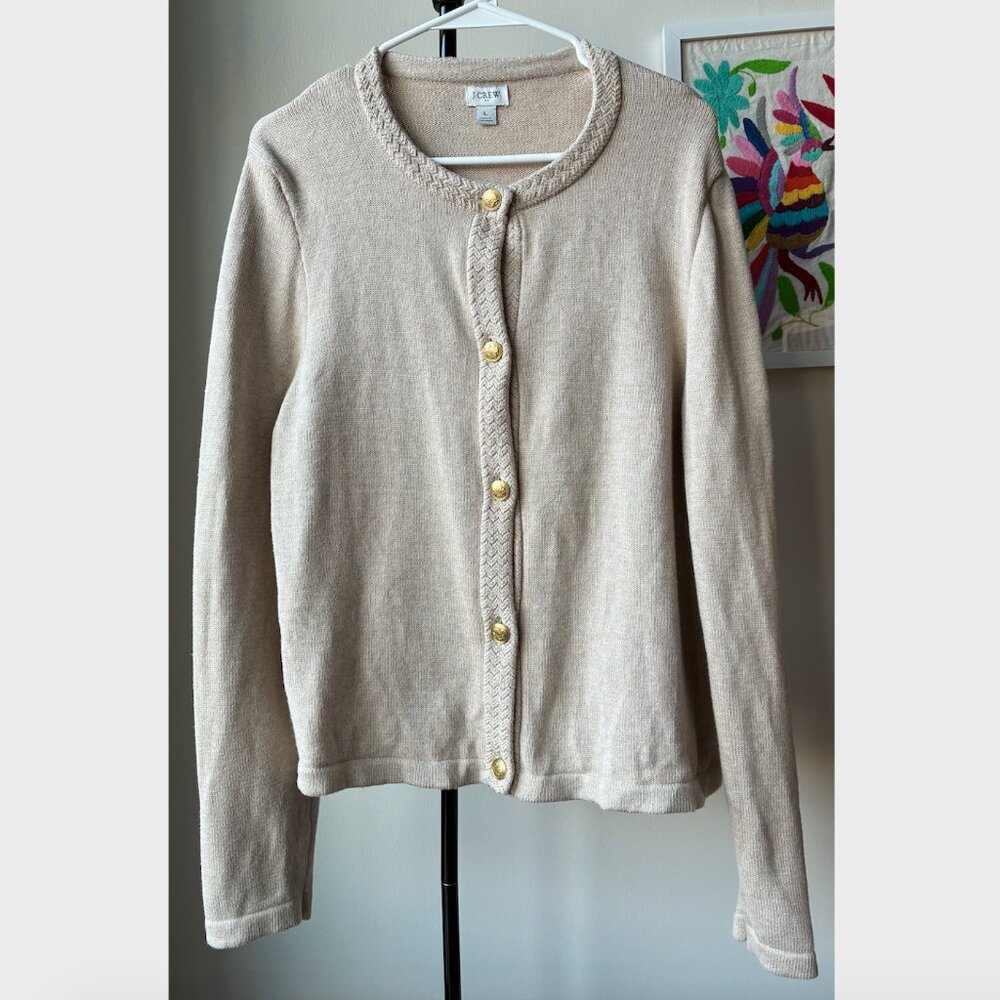 J. Crew Cream/Tan Cotton-Blend Cardigan Sweater Lady Jacket w/ Gold Buttons - L - Picture 4 of 12